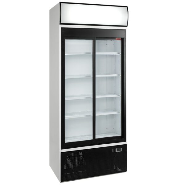 Diamond Europe - Vitrine T° positive- ventilée- 760 Lt.- 2 portes coulissantes- avec caisson lumineux